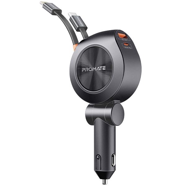 PROMATE 88W Multi-Port Incar Phone Charger with Dual Retractable USB-C & Lightning Cables. 20W USB-C Port, 18W QC3.0 Port, 30W USB-C Cable, 20W Lightning Cable, 80cm Cable Length. Black Colour.