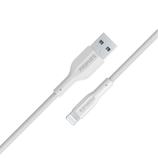 PROMATE 2M USB-A to Lightning Connector Super Flexible Cable. Supports 2A Charging & 480Mbps Data Transfer. White Colour.