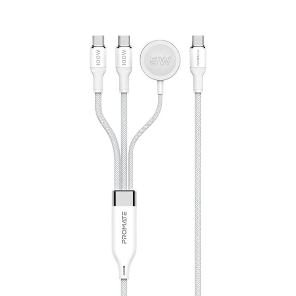 PROMATE 1.4m 100W High-Speed Multi Device Charging Cable with Apple Watch Charger. 2x 100W PD USB-C Connector Cables, Data & Charge, Supports 480Mbps. White