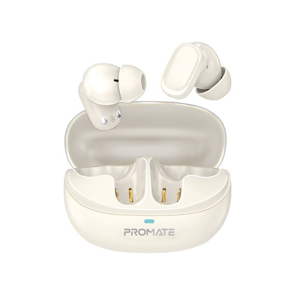 PROMATE In-ear HD TWS BT Earbuds with Intellitouch & 400mAh Charging Case. Ergonomic Fit, up to 6-Hours Playback, 2x 35mAh Earphone Battery, Water Resistant, Auto Pairing. White Colour.