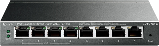 8-Port Gigabit Desktop PoE Easy Smart Switch, 8 Gigabit RJ45 ports including 4 PoE ports, 55W PoE Power supply, MTU/Port/Tag-based VLAN, QoS, IGMP Snooping, steel case</br>