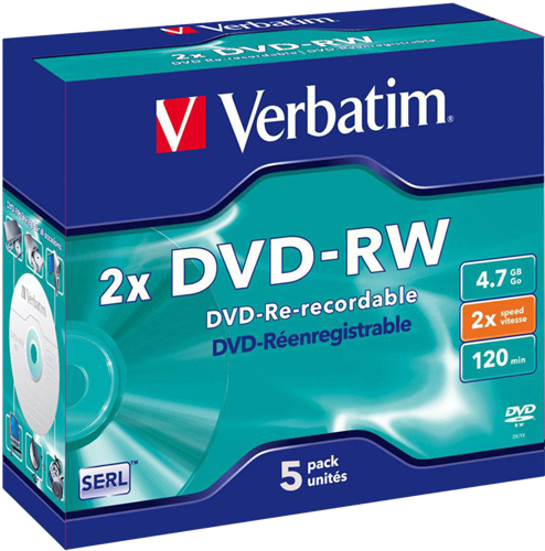 Verbatim DVD-RW offers 4.7GB or 120 Minutes of re-recordable storage capacity, superior recording quality, and compatibility with 2X to 4X DVD-RW writers. Verbatim 2X-4X DVD-RW is ideal for archiving or backing up 4.7GB of data or 120 minutes of DVD-quality video.