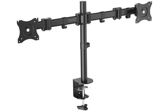 Digitus Dual Monitor Arm Desk clamp mount, black 90ø Swivel, 30ø Tilt, rotate 360ø,15"-27" TFT, max load 16Kg,VESA max 100x100, 5 year warranty