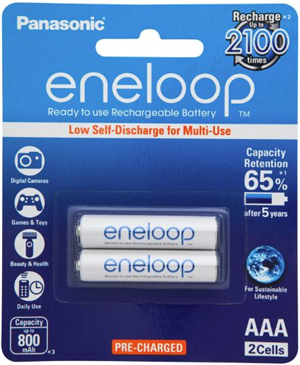 Pre-charged. Rechargeable up to 2,100 times. Holds 70% charge after 5 years of storage.