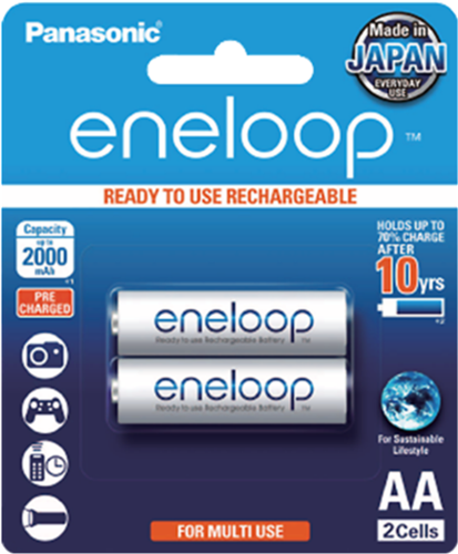 Pre-charged. Rechargeable up to 2,100 times. Holds 70% charge after 5 years of storage.