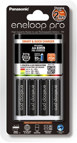 3-hour quick charge designed for charging Eneloop Batteries.  Comes with 4xAA Eneloop Pro batteries. Charges both AA and AAA size.