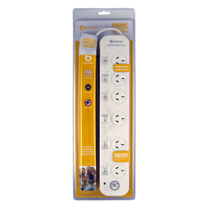 Surge protected with individual switches, 2 wide spaced outlets for bulky adapters, 1 metre cable, 240V AC, Max Load 10A 2400 Watts
