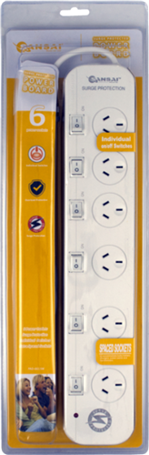 Surge protected with individual switches, 2 wide spaced outlets for bulky adapters, 1 metre cable, 240V AC, Max Load 10A 2400 Watts