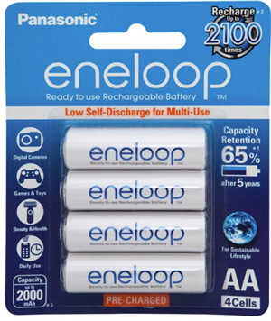 Pre-charged. Rechargeable up to 2,100 times. Holds 70% charge after 5 years of storage.