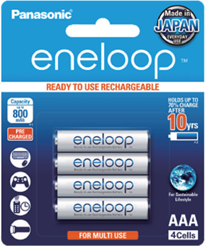 Pre-charged. Rechargeable up to 2,100 times. Holds 70% charge after 5 years of storage
