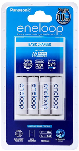 Designed for charging Eneloop Batteries.  Charges both AA and AAA size.
