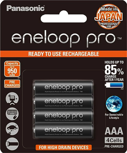 Pre-charged. Rechargeable up to 500 times. Holds 85% charge after 1 year. Works in extreme temperatures, down to -20c.