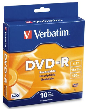 Verbatim DVD-R offer 4.7GB or 120 Minutes of write-once storage capacity, superior recording quality, and compatibility with 1X to 16X DVD-R writers. Verbatim 16X DVD-R discs allows users to record a complete 4.7GB/120Min disc in approximately 5 minutes. Recognised as the choice of professional users, Verbatim DVD-R offers the optimal "Advanced Azo" recording dye, which provides the highest level of read/write performance, reliability, and archival life.