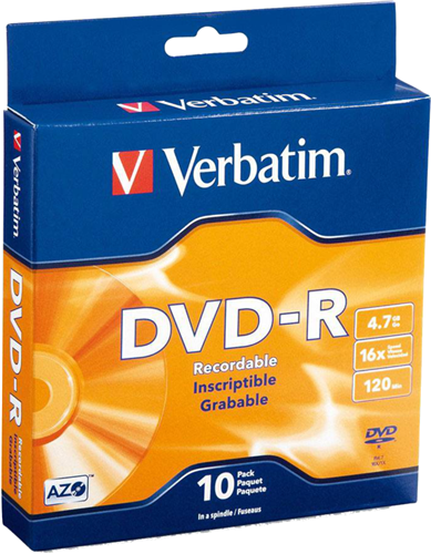 Verbatim DVD-R offer 4.7GB or 120 Minutes of write-once storage capacity, superior recording quality, and compatibility with 1X to 16X DVD-R writers. Verbatim 16X DVD-R discs allows users to record a complete 4.7GB/120Min disc in approximately 5 minutes. Recognised as the choice of professional users, Verbatim DVD-R offers the optimal "Advanced Azo" recording dye, which provides the highest level of read/write performance, reliability, and archival life.