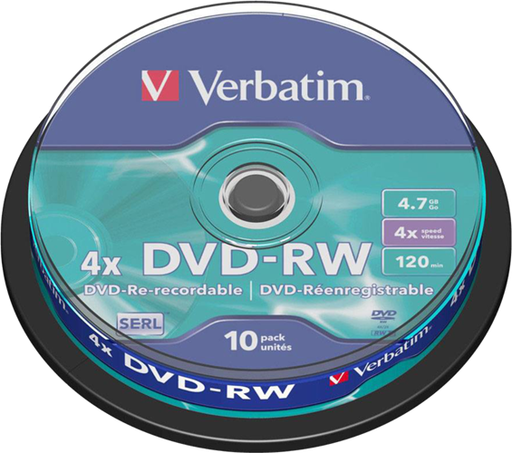 Verbatim 2X-4X DVD-RW is ideal for archiving or backing up 4.7GB of data or 120 minutes of DVD-quality video. Preferred by DVD drive manufacturers, Verbatim DVD-RW media utilises Super Eutectic Recording Layer (SERL), which minimises noise during write/rewrite cycles and provides superior archival stability.