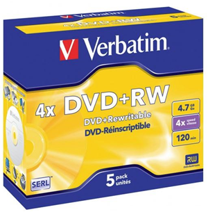Verbatim 4X DVD+RW is ideal for archiving or backing up 4.7GB of data or 120 minutes of DVD-quality video. Preferred by DVD drive manufacturers, Verbatim DVD+RW utilises Super Eutectic Recording Layer (SERL) recording dye, which minimises noise during write/rewrite cycles and provides superior archival stability.