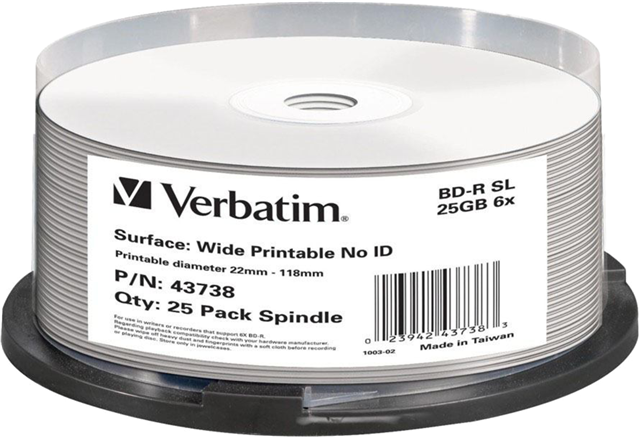 Verbatim offers Blu-ray single-layer media that can store up to 25GB of HD content or data files. Using blue-violet laser technology, these Blu-ray discs can handle up to 1080p resolution and multiple audio formats &ndash; perfect for HD video and surround sound. Super high-speed, some newer drives support Verbatim&rsquo;s 6x media as 8x, 10x or even 12x.