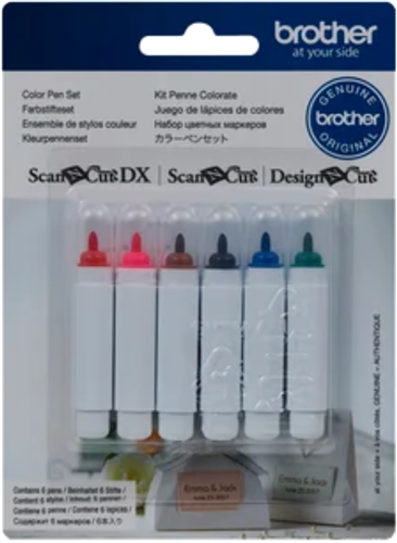 Colour pen set - This set includes six craft colour pens with permanent ink, for drawing and tracing on paper. For use with ScanNCut Pen Holder (not included). Always keep cap on when not in use