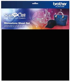The Rhinestone Sheet Set is a consumable item to create rhinestone projects for use with the Brother ScanNCut machine and the Rhinestone Starter Kit (both sold separately). Keep at normal room temperature, away from direct sunlight, high humidity and heat. Includes: 3 Template Sheets 12" x 12" (305 mm x 305 mm); 3 Transfer Sheets 12" x 12" (305 mm x 305 mm).