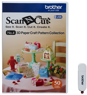 The fun and exciting new USB No.4 3D-Craft Pattern Collection contains 50 cutting patterns on USB memory device. Pattern list and assembly procedure for each 3D design is included. For use with the Brother ScanNCut Machine.
