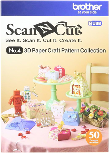 The fun and exciting new USB No.4 3D-Craft Pattern Collection contains 50 cutting patterns on USB memory device. Pattern list and assembly procedure for each 3D design is included. For use with the Brother ScanNCut Machine.
