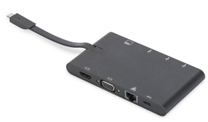 Expand your notebook by 9 additional ports via a single USB-C port. Sleek matte black housing, 2 x Video interfaces HDMI & VGA (Only supports one display at a time, device must support DP alt mode/Thunderbolt over Type-C), Max res 4K2K/30Hz on HDMI port, 2 x USB 3.0 ports, with one port (5V/1.5A)  also providing a charging function for mobile devices. 2 x USB-C in (1 x 100w power delivery (PD) for charging, 1 x Data), 2 x built-in card readers (MicroSD, SDHC, SDXC/MMC). 1 x Gigabit Ethernet port