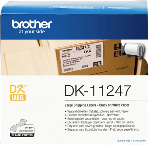 103mm x 164mm die-cut roll, 180 Labels per Roll, Black on White.</br>Compatible With: QL1100, QL1110NWB, QL1050