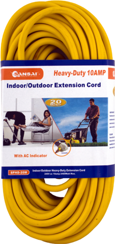 Heavy Duty Indoor & Outdoor 20m Extension cord with LED Safety Light in the Socket. Power Input: 250V ac 10amp, Power Handling: 2400 Watt Max Cable Length: 20 Meters, High Vis Yellow</br>