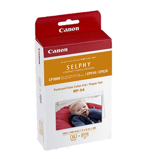 Canon Selphy ink cartridge and photo paper pack (54 sheets) postcard size 4" x 6" (148 x 100mm). Compatible with Selphy CP1200, CP1300</br>