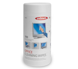 Office cleaning wipes, tub of 100 wipes, Suitable for all surfaces, screens, laptops, scanners, glass including treated and untreated glass, Removes dust and dirt and provides streak free cleaning, rapid self -drying, Made in EU