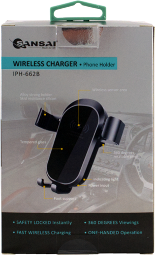 Smart gravity design with auto clamping, 2 level adjustable, Clamps to air vent, QI Wireless Charging Max output 10W, max input 5V/2A, 9V/1.8A, Micro USB input</br></br></br>