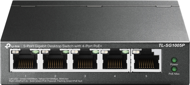 5-Port Gigabit Desktop PoE+ Switch, 5x 10/100/1000Mbps RJ45 ports including 4 PoE ports, steel case, 802.3af/at for up to 30W per port, up to 40W PoE total</br>