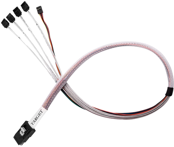 500mm Mini-SAS SFF-8087 36pin (target) to SATA 7pin x 4 (host) with sideband cable</br>SFF-8087 36pin (Target) to SATA 7 pin x 4 (Host) with Sideband Cable (SGPIO)</br>Use 2 for RM21-308</br>