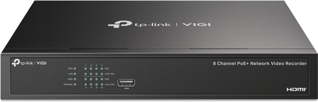 Supports up to 10TB SATA HDD</br>Remote monitoring via VIGI app</br>8 channel recording, 4 channel simultaneous playback</br>Onvif compliant for broad camera support</br>Interface 1x 10/100 Ethernet RJ45, 2x USB 2.0</br>2-way audio