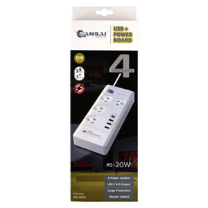 Surge protected with master switch, Overload protection, 3 x USB Type A and 1x USB Type-C Charging Ports (Max 4.2A/20w, up to 2.4A per port), 1 metre cable with right angle plug, 240V AC, Max Load 10A 2400 Watts