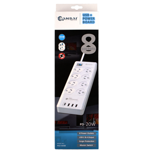 Surge protected with master switch, Overload protection, 3 x USB Type-A, 1x USB Type-C Charging Ports (Max 4.2A/21w, up to 2.4A per port), 1 metre cable with right angle plug, 240V AC, Max Load 10A 2400 Watts