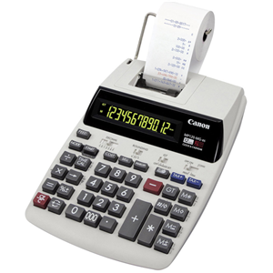 12-digit, 2-colour display, 2-colour printing calculator (positive figures in black, negative figures in red).</br>Part-manufacturered from Canon recycled product material. </br>AC powered.  Replacement ink roller CP13II.