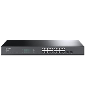 16-Port Gigabit Desktop PoE+ Smart Switch, Omada SDN management, 16 Gigabit RJ45 ports plus 2 SFP ports, 802.3af/at, 150W PoE power supply, Tag-based VLAN, 802.1P QoS, Rate Limiting, Port Trunking, Port Mirroring, SNMP, RMON, steel case