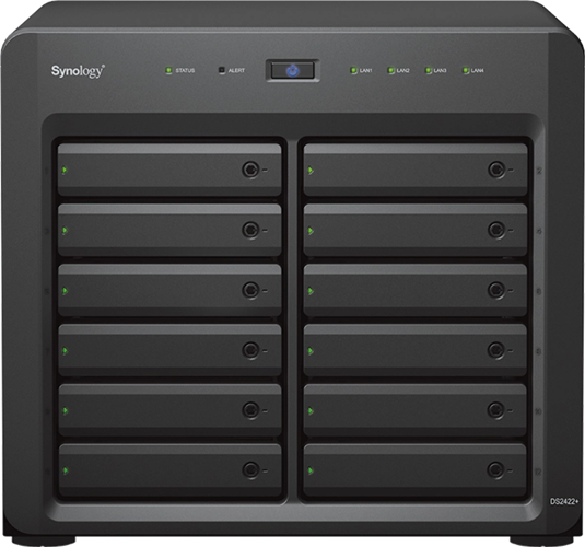 The 12-bay Synology DiskStation DS2422+ is a capable choice for small and medium businesses with large storage, file sharing, and data protection requirements in a multi-user environment. It comes with powerful storage management, file syncing, surveillance, and backup software, and is suitable for editing high-quality video and as VM storage.
