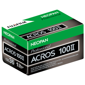 FUJIFILM Neopan 100 Acros II is an orthopanchromatic black and white negative film characterized by its extremely fine grain structure and wide tonal range. Super Fine-S Grain Technology is employed to deliver the distinct tight grain structure and alignment along with high acutance and smooth tonal rendering to suit both scanning and enlarging applications. Its medium-speed ISO 100 nominal sensitivity suits working in a variety of outdoor conditions and enhanced reciprocity characteristics also benefit working with longer exposure times. Additionally, Acros II incorporates P.I.D.C. Technology (Precision Iodine Distribution Control), which provides stable processing results when manually developing the film in small tanks or automatically in larger processors.