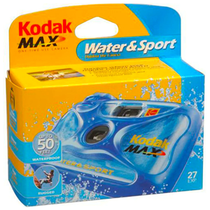 KODAK Water & Sport Single Use Camera

Survives where your regular camera won’t!
Waterproof, rugged, durable, shock-proof rubber shell
Great for bumpy rides and rocky trails. Roller coaster anyone?
Sunscreen and scratch resistant lens
No blurry pictures from sunscreen smudges.
Avoid scratches from sand and snow that can ruin pictures.

Clearest, sharpest pictures!

Note: this camera is for outdoor use only and does not have a flash built in

Loaded with KODAK ULTRA MAX 800 speed, 27 exposure film for cleaner, sharper pictures than any underwater camera.

For outdoor and daylight use only