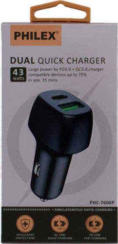 Dual-Outlets Quick Charger</br>Dual Quick Charge, 36W large power by PD and QC3.0 with a built-in intelligent chip.</br>