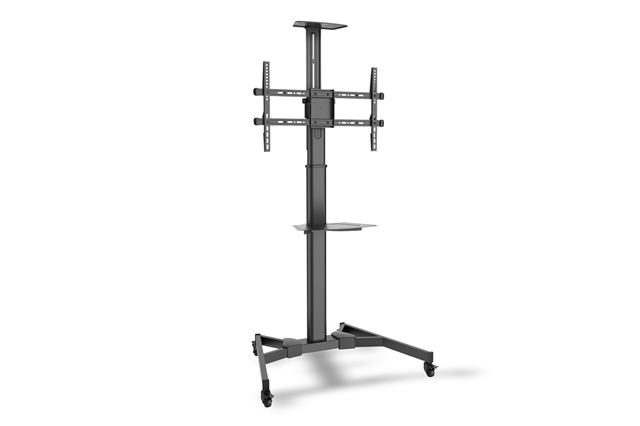 Height adjustable between 186 to 218cm, Up to 50kg maximum weight Monitor, Porträt or landscape TV mount, Freely adjustable vertical tilt angle up to 10°, DVD shelf 43 x 33 cm with a maximum load of 5kg VESA up to 600 x 400 Dimensions (free standing): 2180x910x683 mm (HxWxD)