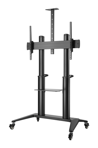 BRATECK 70"-120" Large Screen Ultra-strong Mobile TV Cart. Max Load 140Kgs. VESA support up to 1000x600. Hidden Cable Management. Height Adjustable 1250-1600mm.</br></br>TTL12-610TW comes with an ultra-strong lightweight aluminium column securely attached to a base that together offers the most stable and secure solution for large and heavy displays. The free-tilting design offers a variety of viewing angles. The cart is easy to move using the built-in D-ring handle while four lockable casters ensure quiet maximum stability along the way. A height-adjustable camera shelf and equipment tray are provided for devices and materials, and the integrated cable management system keeps wiring organized and protected.
