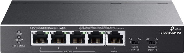 5-Port Gigabit Desktop, PoE Powered, PoE+ Output up to 66W/47W/21W/9W depending on input PoE power level</br>Note: only powered by PoE, no power adapter </br>