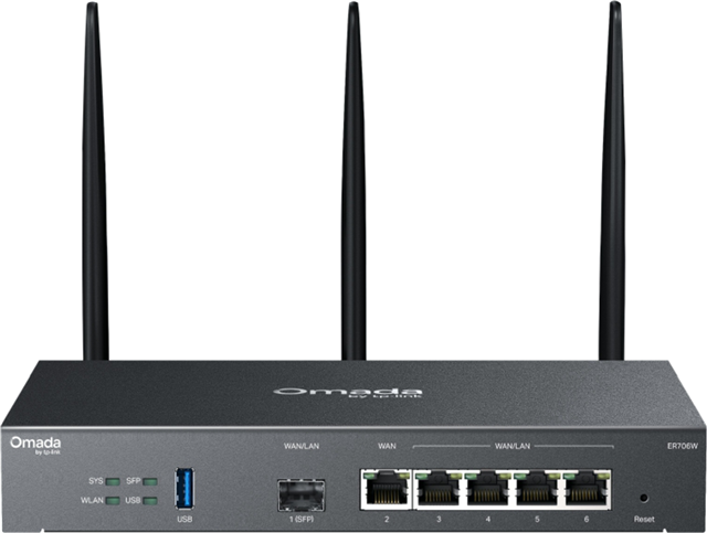 AX3000 Dual-Band WiFi: Supports 2402 Mbps on 5 GHz and 574 Mbps on 2.4 GHz*</br>6 Gigabit Ethernet Ports: 1&times; Gigabit SFP WAN/LAN Port, 1&times; Gigabit RJ45 WAN Port, 4&times; Gigabit WAN/LAN RJ45 Ports, 1&times; USB 3.0</br>Omada Mesh Technology: Seamlessly connects to EAPs that support mesh technology</br>Centralized Management: Cloud access and Omada app for ultra convenience and easy management.</br>Supports multiple VPN protocols including IPSec / SSL / Wireguard / PPTP / L2TP VPN</br>