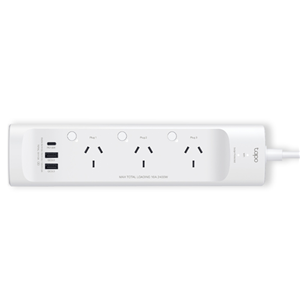 Smart Wi-Fi Power Strip, 3-Outlets, Homekit</br>SPEC: 2.4 GHz Wi-Fi required, 100-240V, 50/60Hz, 10A max, 2300W max load in total, grounded 2-prong plug, 2 USB Type A, 1 USB Type C</br>FEATURE: Homekit enabled, 1.5m cord length, 3 individually control outlets, overcurrent protection, 3*18W PD/QC fast charge, Tapo Smart app, works with Alexa, Google Assistant, and Samsung SmartThings, remote