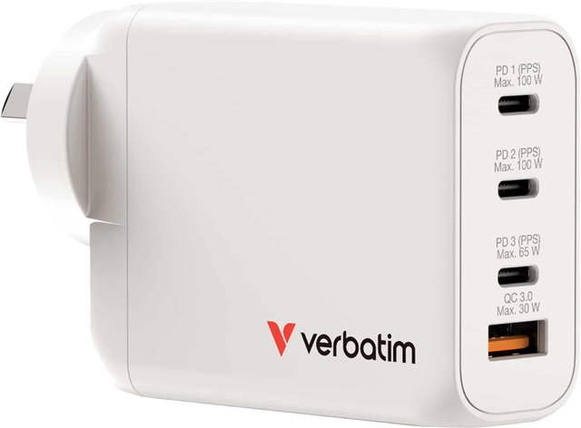 Verbatim&rsquo;s 100W GaN Wall Charger consolidates multiple chargers into one, combining two USB-C PD 100W ports, one USB-C PD 65W port and one USB-A QC 3.0 port in a sleek, palm sized design. Ideal for the office, home or travelling to power your laptop, tablet, smartphone, gaming devices, and more. Constructed with 95% post-consumer recycled plastic housing and comes with 100% plastic-free packaging</br></br>Charge 4 devices simultaneously</br>Compact size: 110 x 61 x 49mm</br>Maximum output of 100W</br>3 x USB-C PD 3.0 ports & 1 x USB-A QC 3.0 port. PD1/PD2 ports support up to 100W, and PD3 supports up to 65W, when used alone. PD1 maintains a minimum 45W or maximum up to 65W, when being used with other ports and provides stable & fast charging for most notebooks & tablets.</br>95% Recycled Plastic Housing 100% Plastic-Free Packaging</br>Over Current, Over Voltage, Short Circuit, Over Temperature protection</br></br>