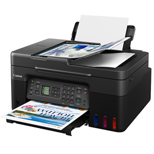 Print/Copy/Scan/Fax, 35 Sheet Document Feeder, USB/WiFi, 11ipm (Mono), 6ipm (Colour), No-Spill Ink Refill bottles. GI61BK Black Ink Bottle [~6000 Pages], GI61C Cyan Ink Bottle [~7700 Pages], GI61M Magenta Ink Bottle [ ~7700 Pages], GI61Y Yellow Ink Bottle [ ~7700 Pages]