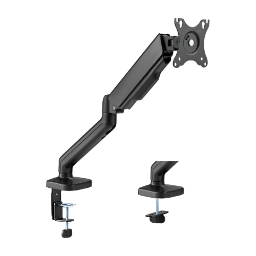 BRATECK Elegant l 17"-32" Counter Balance Monitor Desk Mount. Max Load up to 9Kgs Per Arm. VESA 75x75 & 100x100. Gas Spring with Matt Plastic Surface. Extend, Tilt & Swivel. Black Colour.</br></br>The LDT46-C024 Elemental Gas Spring Monitor Arm is stout in appearance and robust in performance. At the touch of a finger, the high-quality gas spring mechanism provides easy monitor arm movements, including up, down, extending and retracting to achieve the absolute best ergonomic position. The convenient VESA plate with keyhole slots provides quick display mounting or removal. Desk clamp and through-hole grommet mounts are included. Cable management along the arm maintains a clean work area and wires organized.